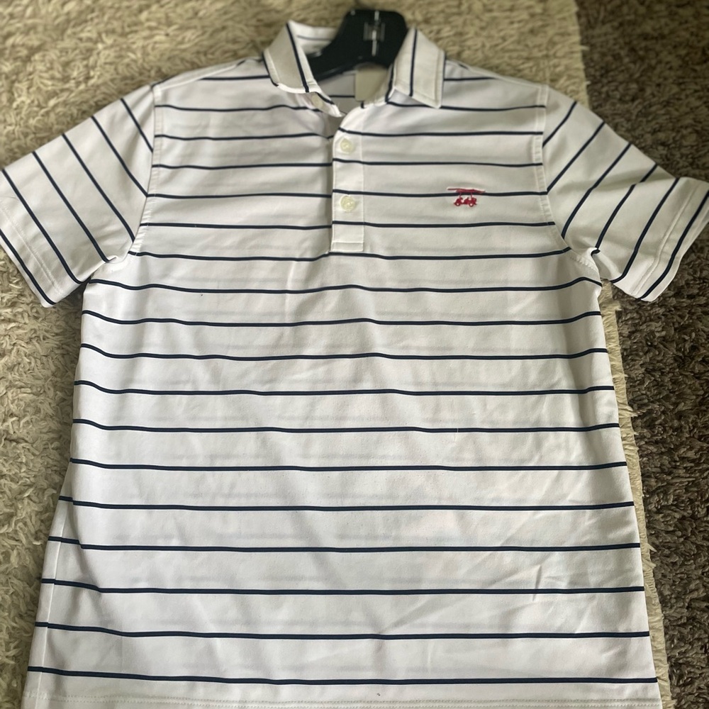 Bald head blues polo golf shirt sz 10 White and Black Striped Polo Shirt